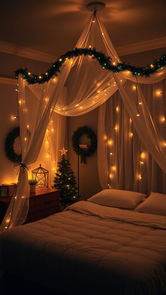 A cozy bedroom with a bed canopy adorned with fairy lights, a small Christmas tree, and decorative elements.