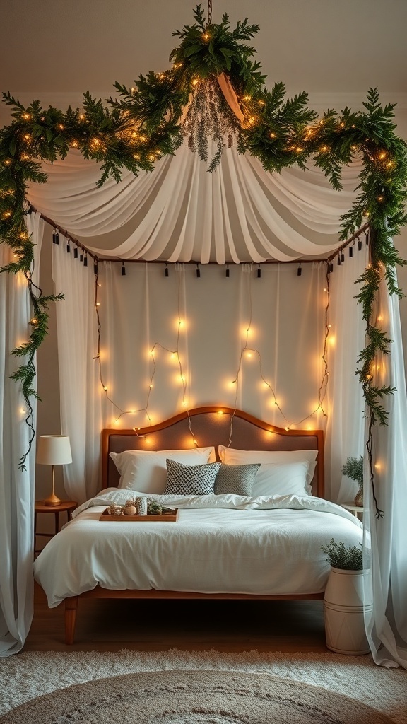A cozy bedroom with a bed canopy decorated with greenery and fairy lights.