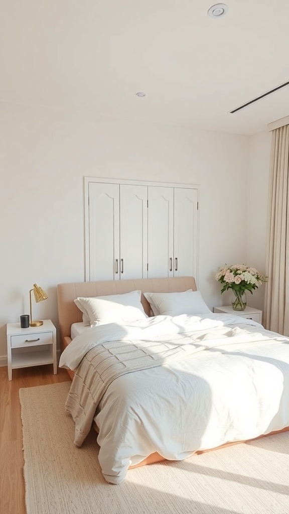 A serene bedroom featuring a cozy bed, minimal decor, and soft color palette, promoting relaxation and comfort.