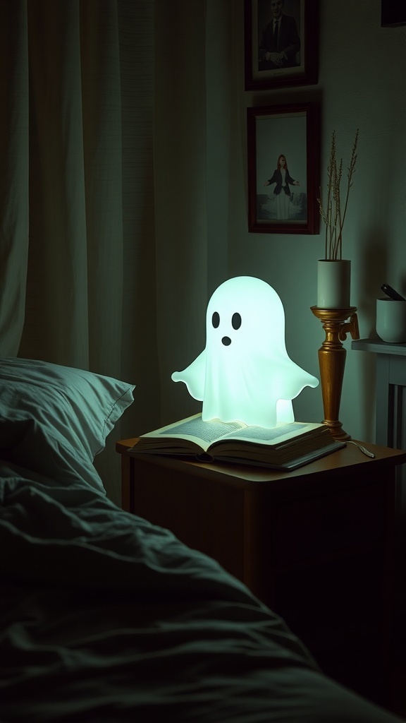 A ghost-shaped LED lamp glowing softly on a nightstand next to an open book.