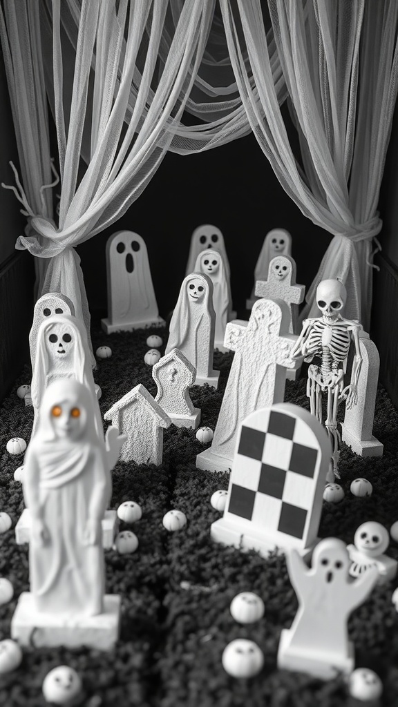 A whimsical Beetlejuice-inspired graveyard display featuring white gravestones, ghost figures, and sheer drapes.