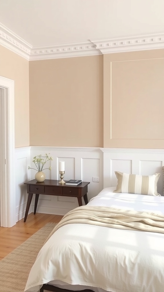 A bedroom featuring a beige accent wall with white trim, a wooden nightstand, and soft bedding.