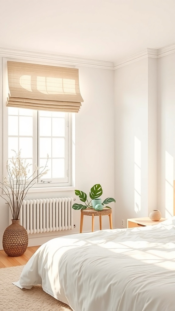 A bright bedroom featuring beige Roman shades, a white bed, and natural decor elements.