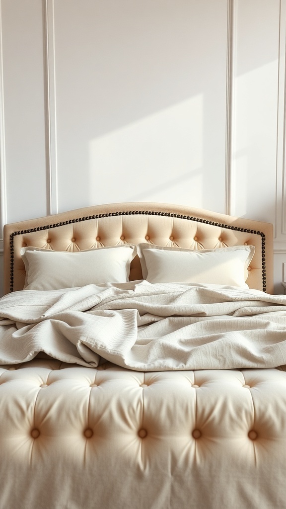 A beige upholstered bed with a tufted headboard and white bedding, creating a cozy and inviting bedroom atmosphere.