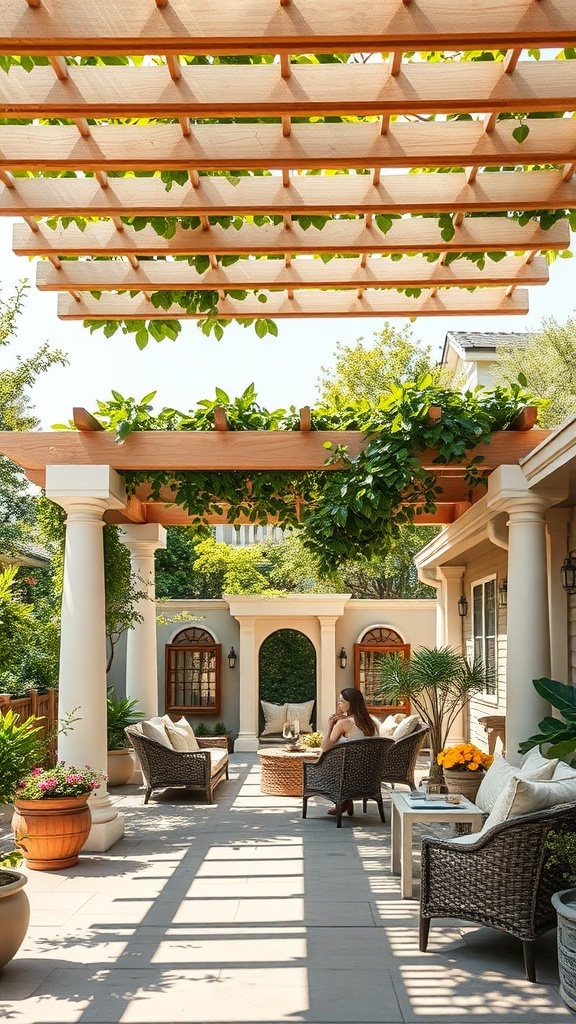 A beautifully designed pergola patio with greenery and comfortable seating, creating a cozy outdoor living space.