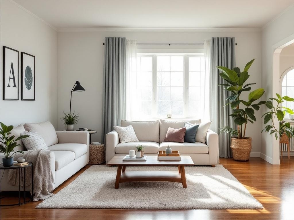 A bright and tidy living room with plants and soft furnishings