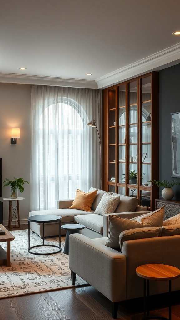 Stylish living room with a cozy sofa, decorative pillows, and a wooden partition