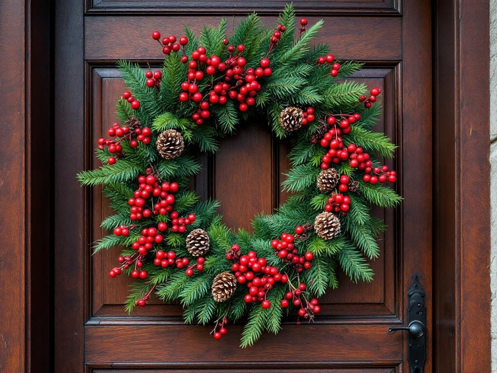 A spring wreath made of green pine needles, red berries, and pinecones, hanging on a wooden door.