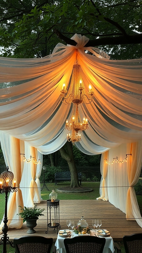 A beautifully draped outdoor canopy with a chandelier, creating a magical atmosphere.