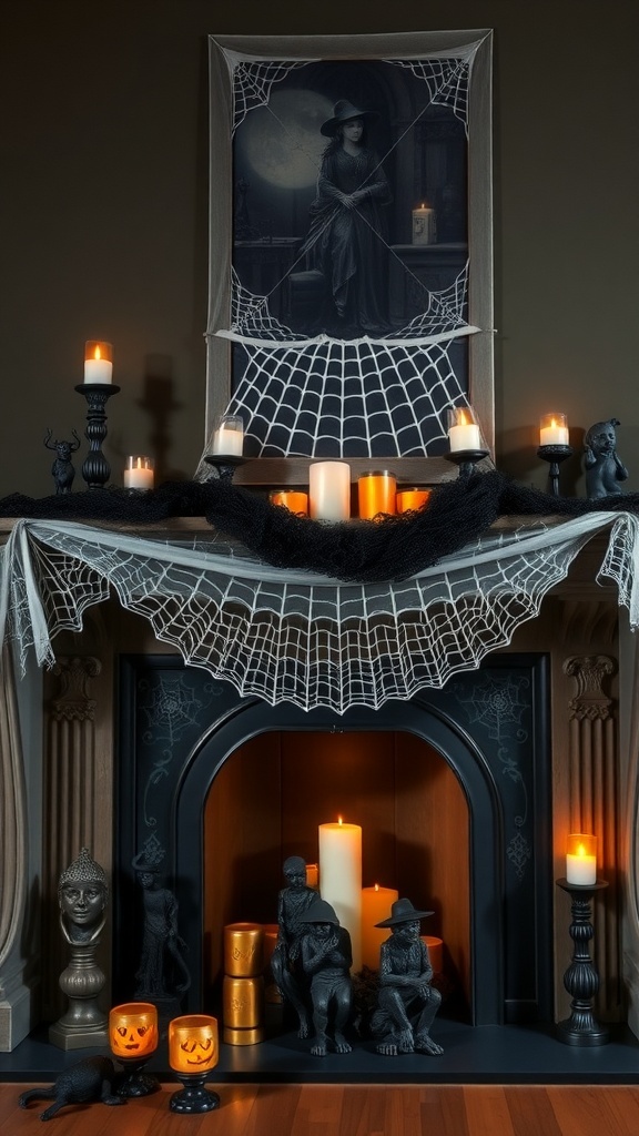 A spooky fireplace decorated with spiderweb lace, candles, and Halloween-themed statues.