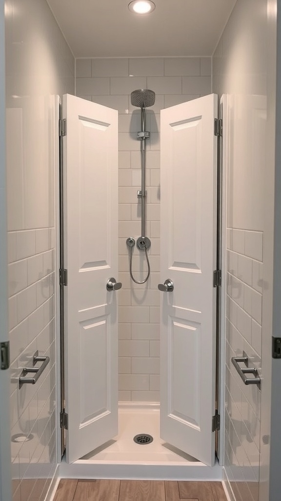 A modern bi-fold shower door setup in a small bathroom