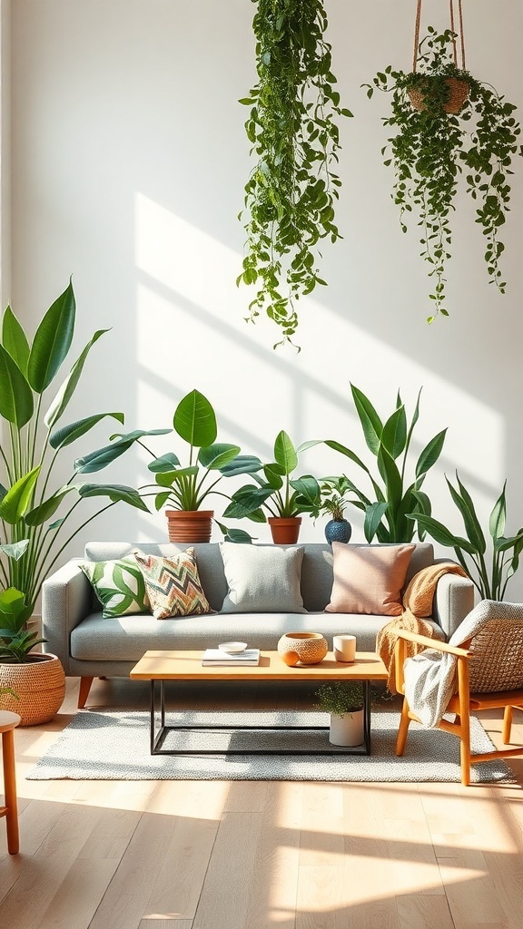 A cozy living room with a gray sofa, colorful cushions, and various indoor plants, creating a biophilic design.