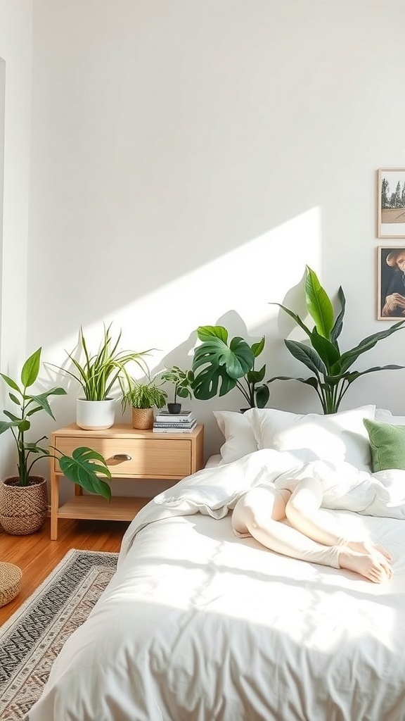 A serene bedroom with plants, natural wood furniture, and soft sunlight