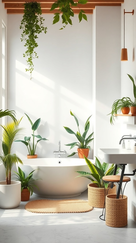 A modern bathroom featuring a freestanding bathtub surrounded by various indoor plants, natural light streaming in, and a warm wooden ceiling.
