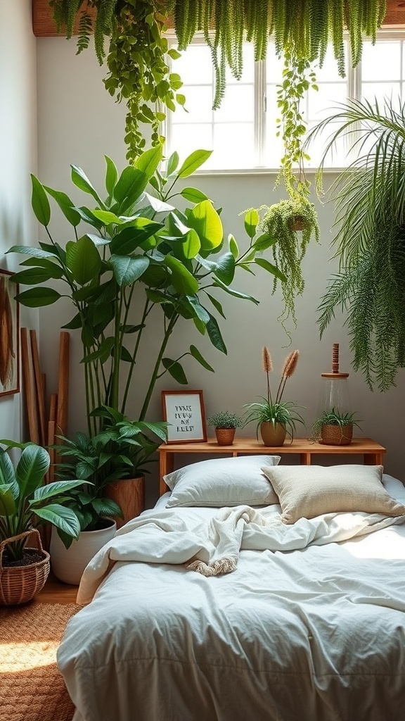 A cozy bedroom filled with various indoor plants, featuring a bed with soft bedding and natural light streaming through the window.