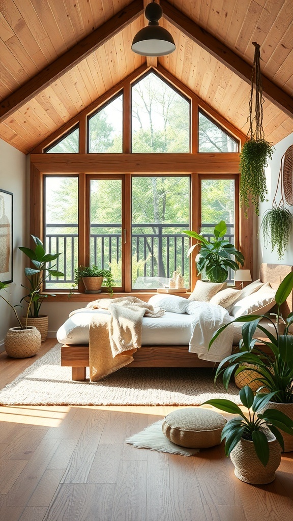 A cozy bedroom with large windows, wooden beams, and various indoor plants, creating a natural and inviting atmosphere.