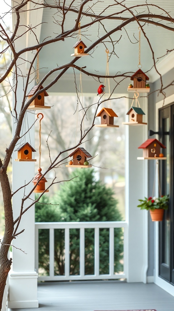 Colorful birdhouses hanging from a branch on a front porch