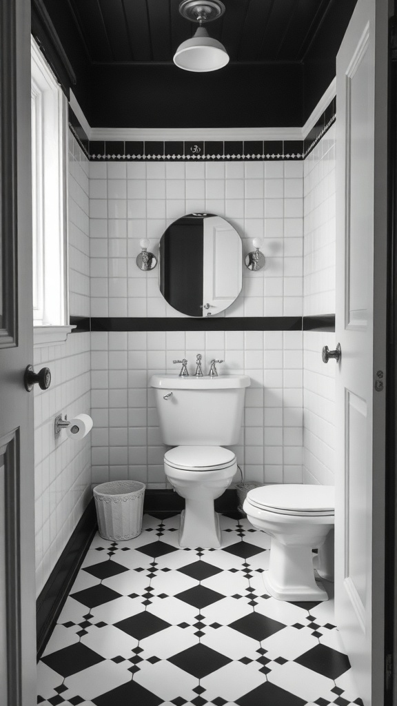 A small bathroom featuring black-and-white checkerboard tile flooring, white walls, and a round mirror.