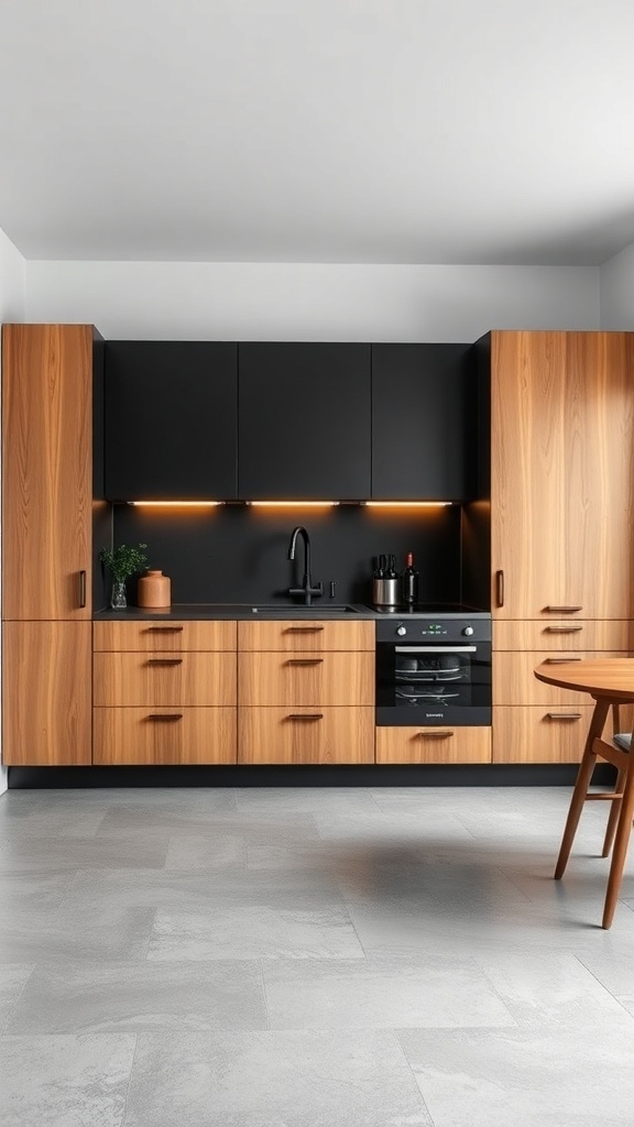 A modern kitchen featuring a black-and-wood cabinet combination with gray floors.
