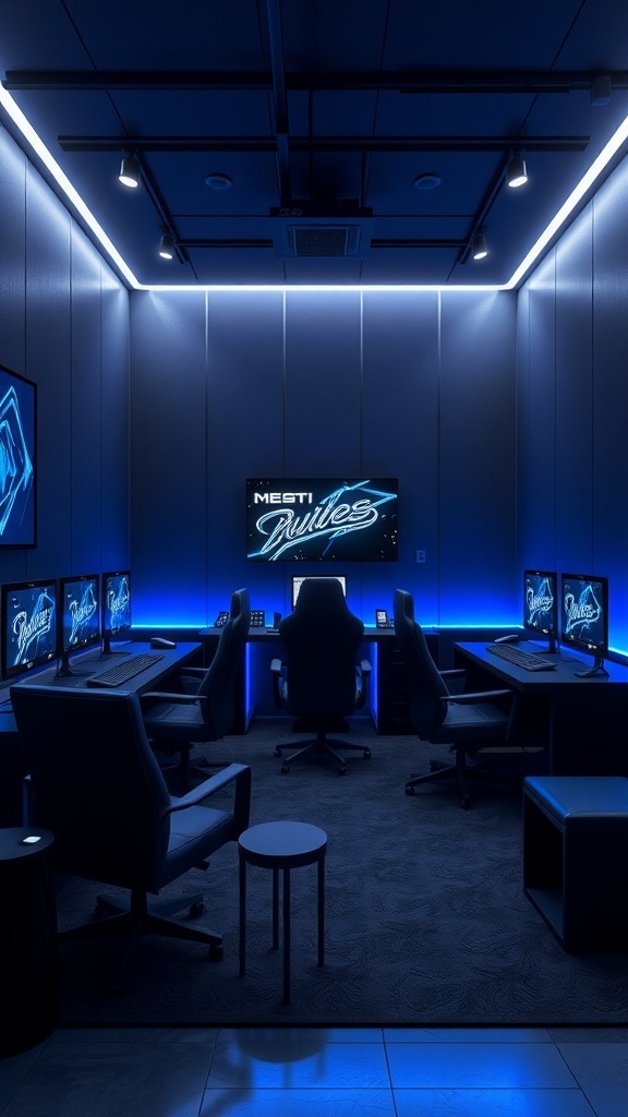 A modern gaming room featuring a black and blue color scheme with LED lighting and ergonomic chairs.
