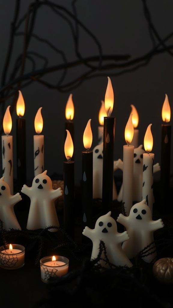 A mix of black and white ghost candles with playful faces and elegant tall candles, set against a dark background.