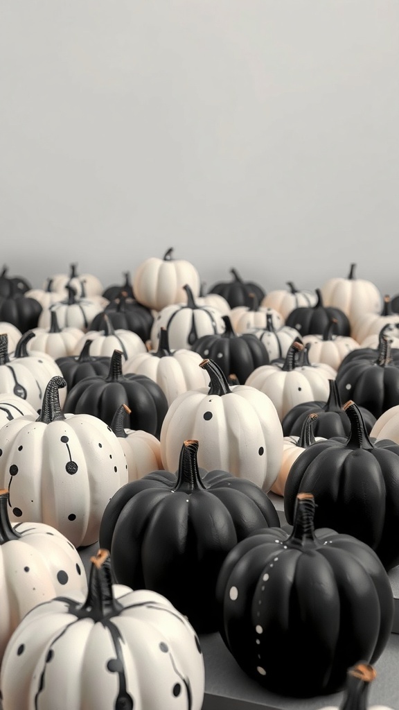 A collection of black and white pumpkins arranged together, showcasing various patterns and sizes.