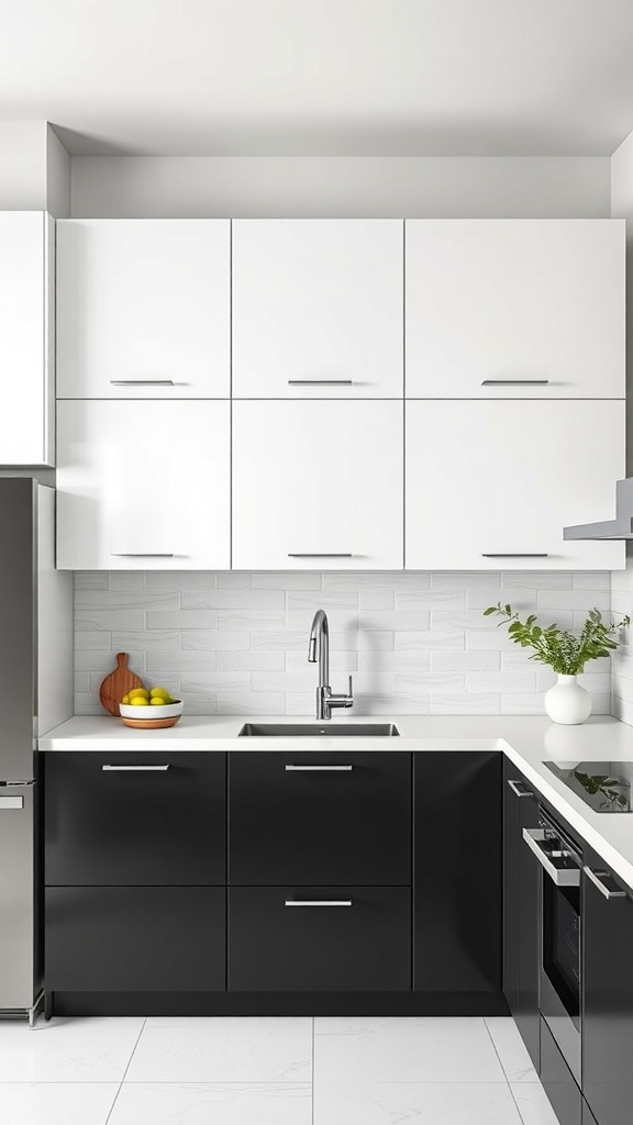 A modern kitchen featuring black lower cabinets and white upper cabinets, with a sleek design and minimalist decor.