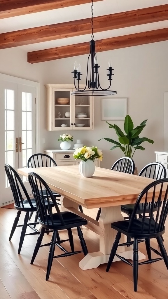 Modern farmhouse dining room with black accents, featuring a wooden table and black chairs.