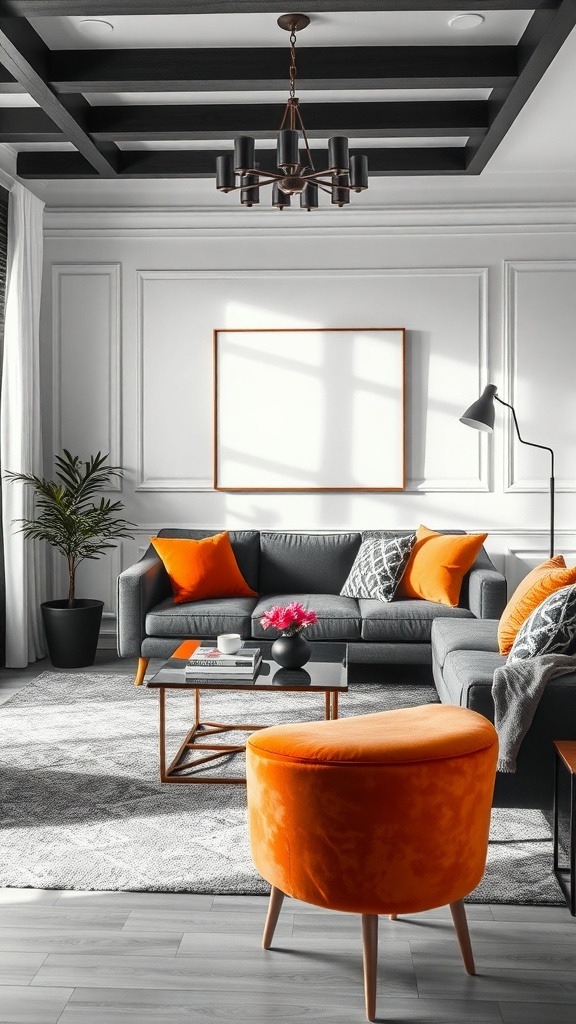 A modern living room featuring a gray sofa, black accents, and vibrant orange cushions and ottoman.