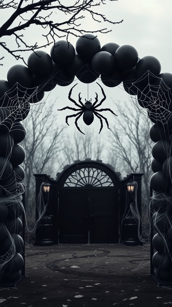 A black balloon arch entrance decorated with a spider and cobwebs, leading to a dark door.