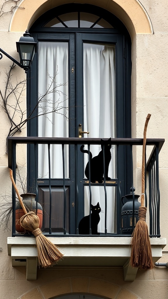A balcony decorated with two black cats and broomsticks, creating a spooky Halloween vibe.