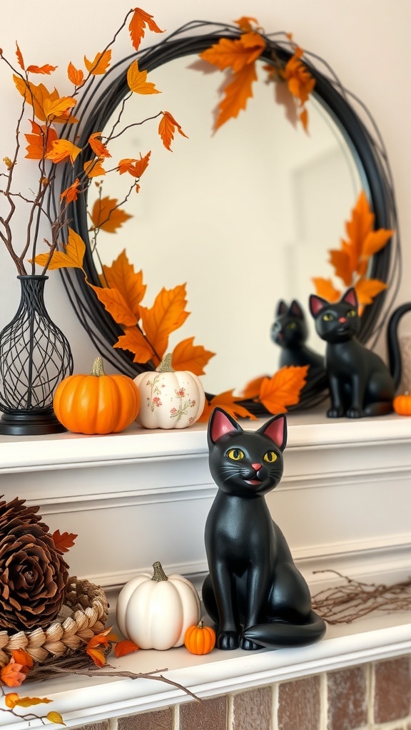 A decorative display featuring black cat figurines, pumpkins, and autumn leaves on a mantel.