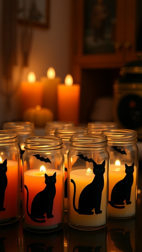 Black cat silhouette candles in jars with warm candlelight