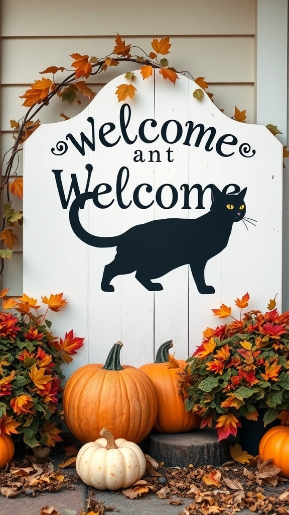 A black cat welcome sign surrounded by autumn leaves and pumpkins