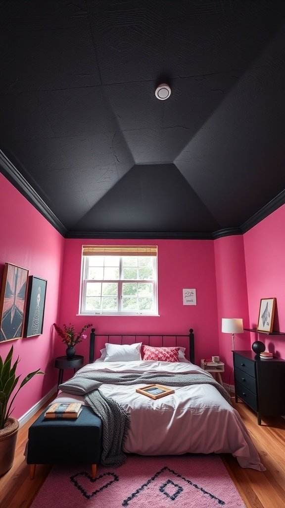 A bedroom with a black ceiling and pink walls, featuring a cozy bed and stylish decor.