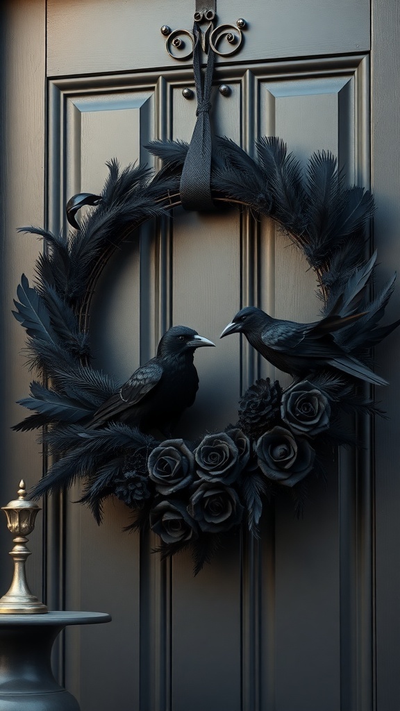 A black feather wreath with black roses and two black birds, hanging on a door.