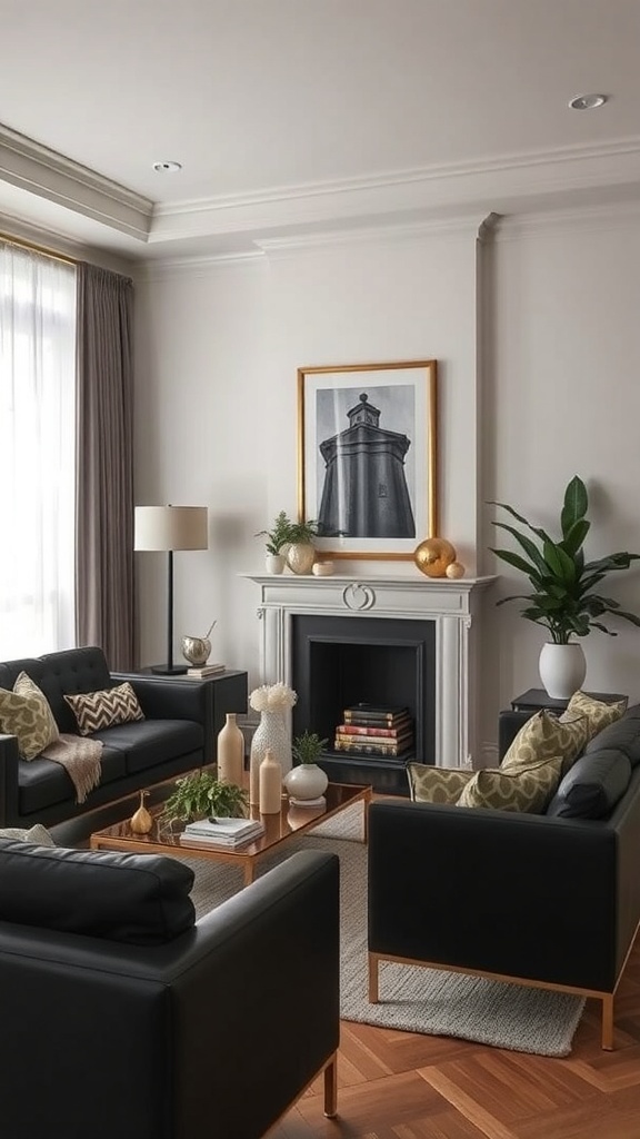 A modern living room featuring black furniture with metallic accents, including a gold coffee table and decorative items.