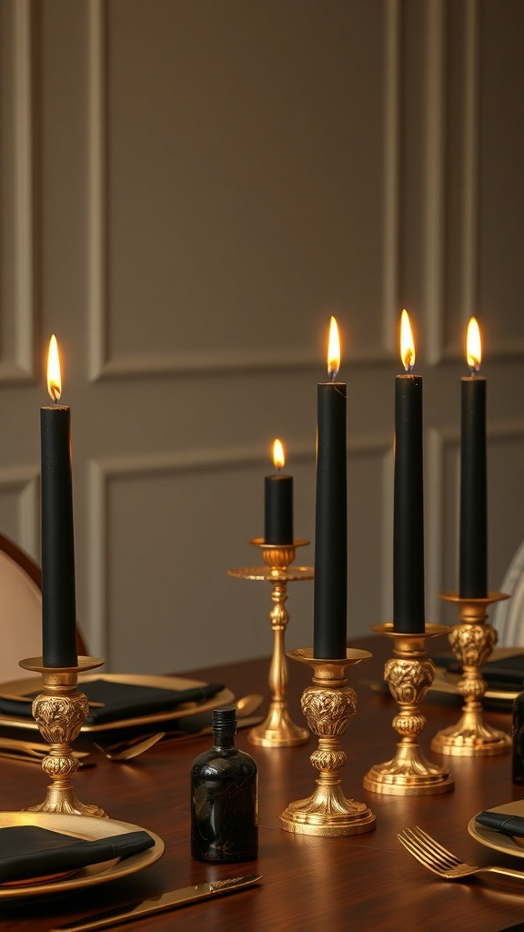 Black taper candles in ornate gold holders on a wooden table