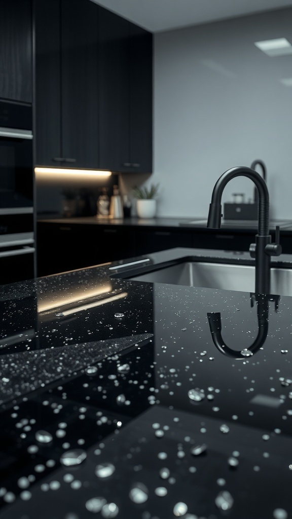A modern kitchen featuring black recycled glass countertops with mirror chips, showcasing a sleek design and reflective surface.