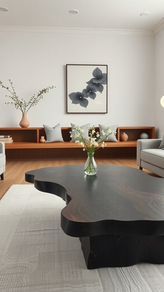 A blackened oak coffee table with an organic shape, set in a modern living room with light decor and a vase of flowers on top.