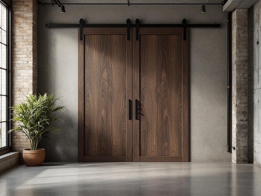 A pair of blackened walnut barn doors with sleek hardware in a modern interior setting.