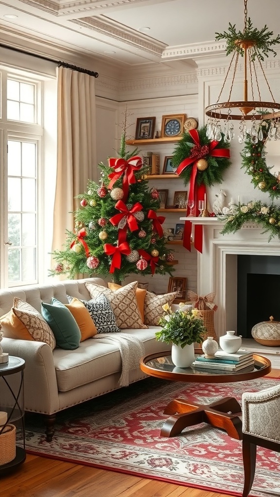 A cozy living room decorated for Christmas with a tree, elegant sofa, and festive accents.