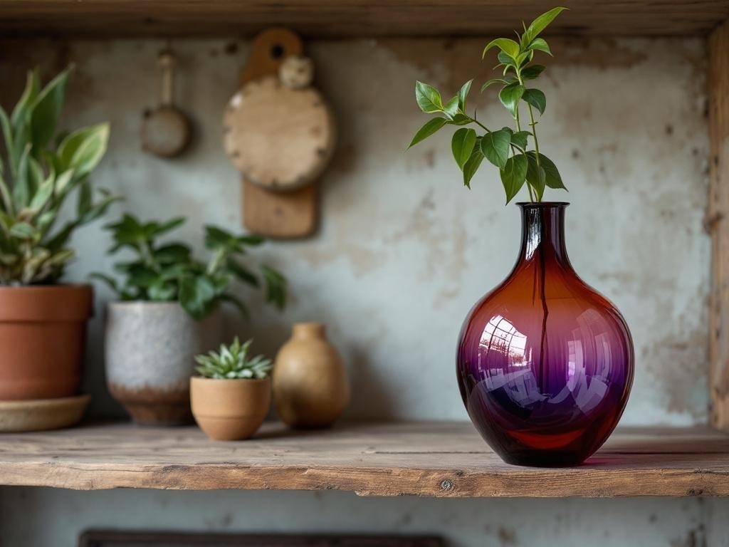 A beautiful Blenko glass vase with a gradient color from purple to lighter shades, placed on a wooden shelf surrounded by plants.
