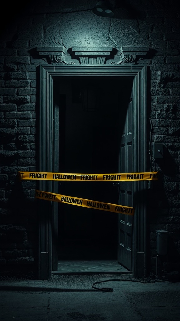 A dark doorway with yellow 'FRIGHT' tape blocking entry, creating a spooky atmosphere.