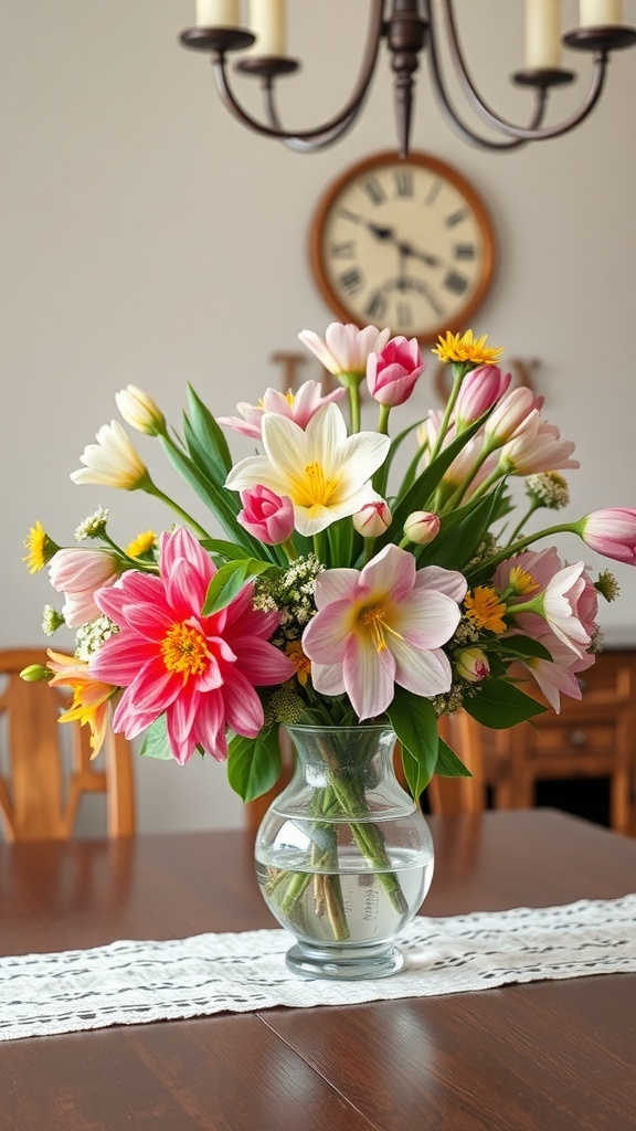 A vibrant floral centerpiece featuring pink, yellow, and white flowers in a glass vase on a wooden table.