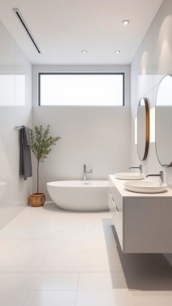 A modern minimalist bathroom featuring a freestanding tub, floating vanity with two sinks, and a potted plant.