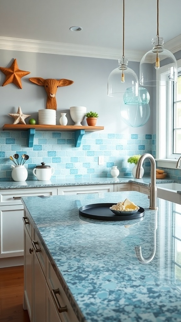 A kitchen featuring a blue-green recycled glass countertop with coastal decor elements.