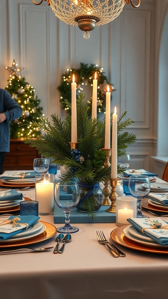 A beautifully arranged blue-themed centerpiece with candles and greenery on a holiday table.