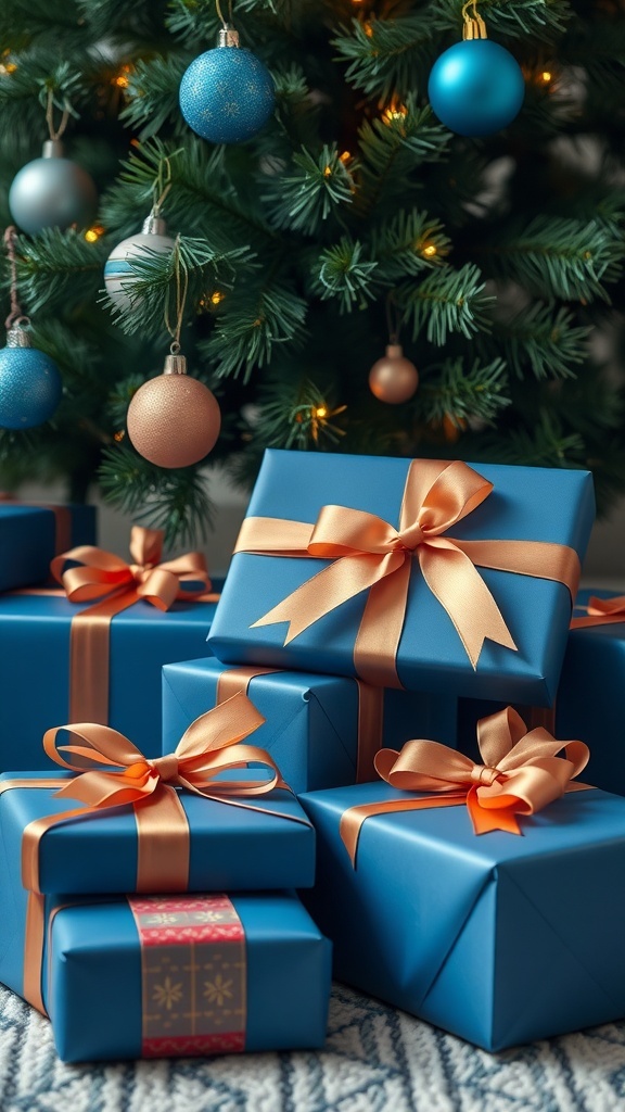 A collection of blue-wrapped presents with orange ribbons under a Christmas tree decorated with blue and silver ornaments.