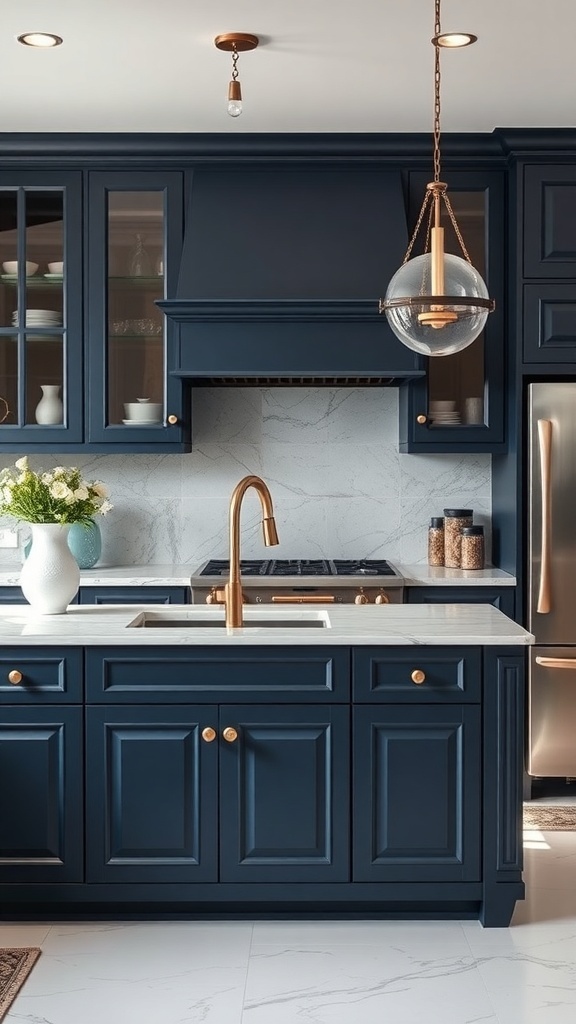 A modern kitchen featuring dark blue cabinets paired with marble countertops, showcasing a stylish and sophisticated design.